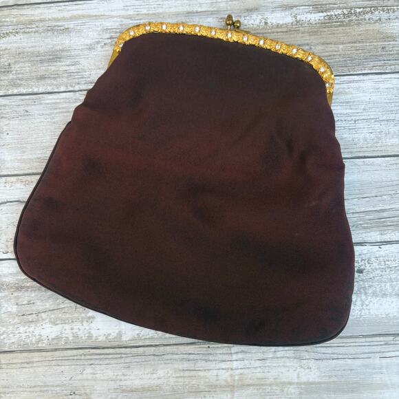 American Vintage Handbags - VTG 60s Garay Purse Clutch Brown Fabric Gold Flowers Rhinestone Kisslock MCM